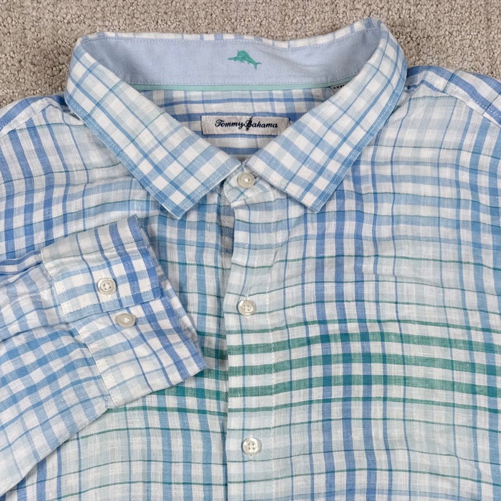 Tommy Bahama Mens 3XL Blue Plaid 100% Linen Long Sleeve Button Up Shirt